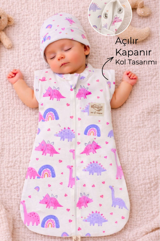 %100 Pamuklu Kız Bebek Uyku Tulumu 0-6 Ay | Fermuarlı Şapkalı