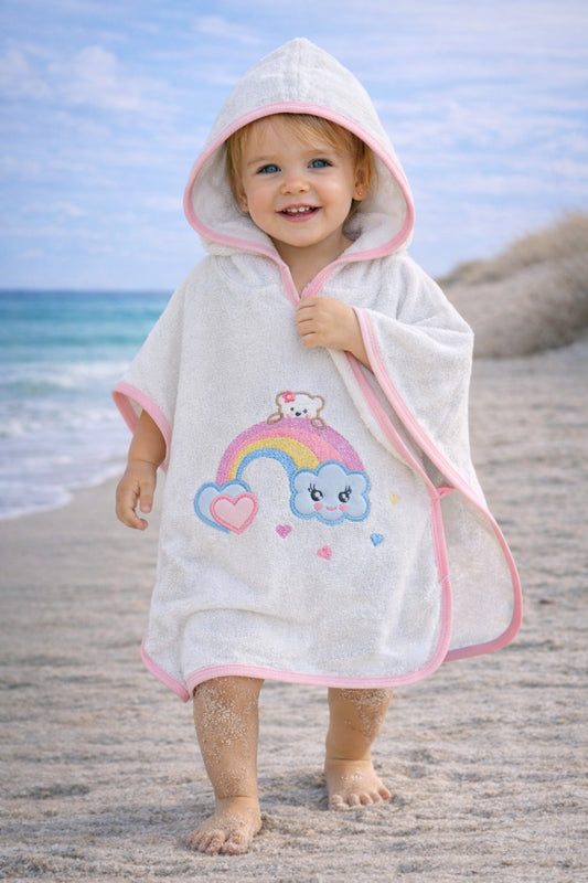 %100 Pamuklu & Başlıklı Bebek Banyo Havlusu - Gökkuşağı Nakışlı Yumuşak & Su Emici Havlu