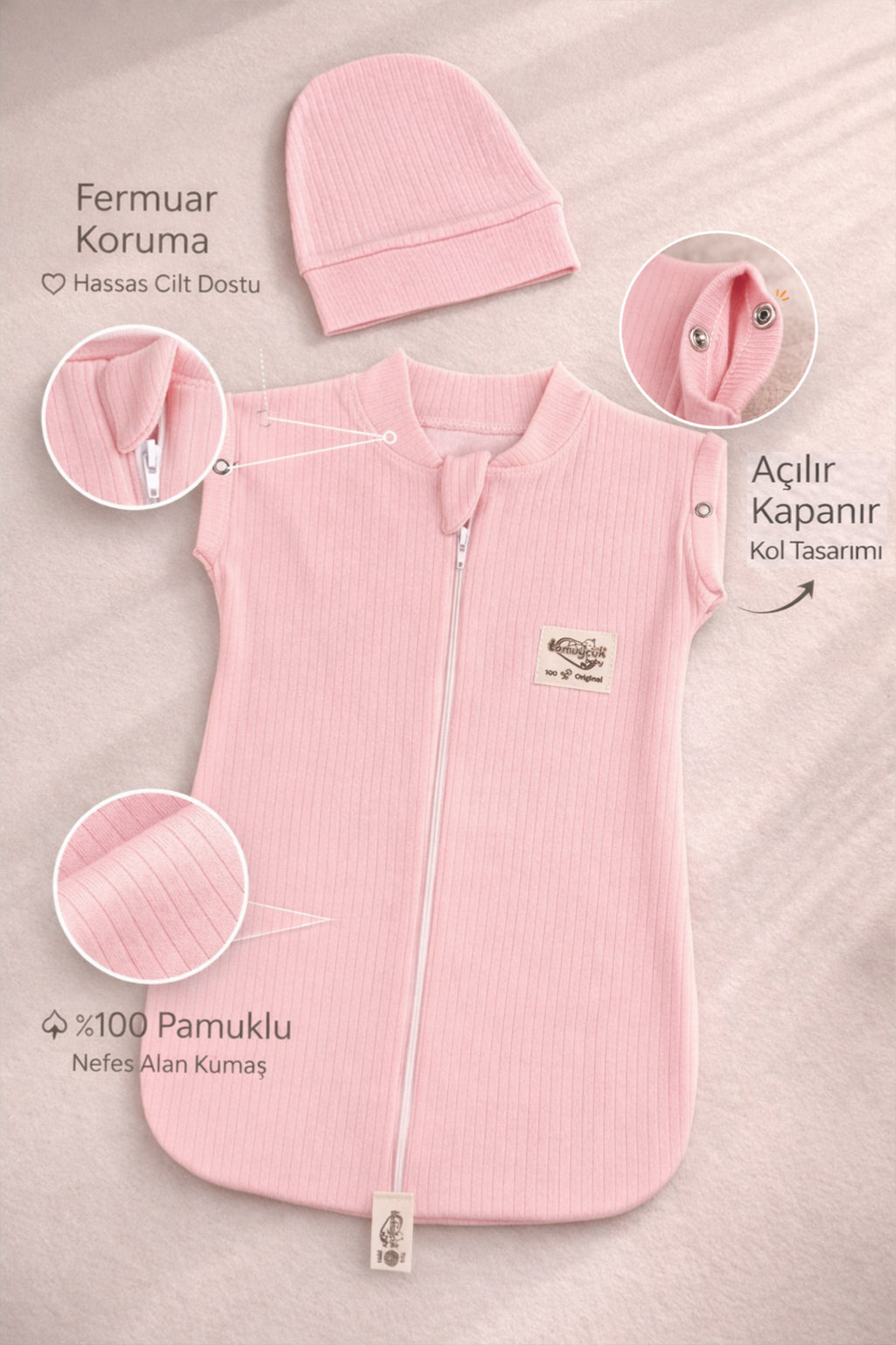 %100 Pamuklu Pembe Kız Bebek Uyku Tulumu 0-6 Ay Fermuarlı Çıtçıtlı Kol Mevsimlik Şapkalı Yenidoğan