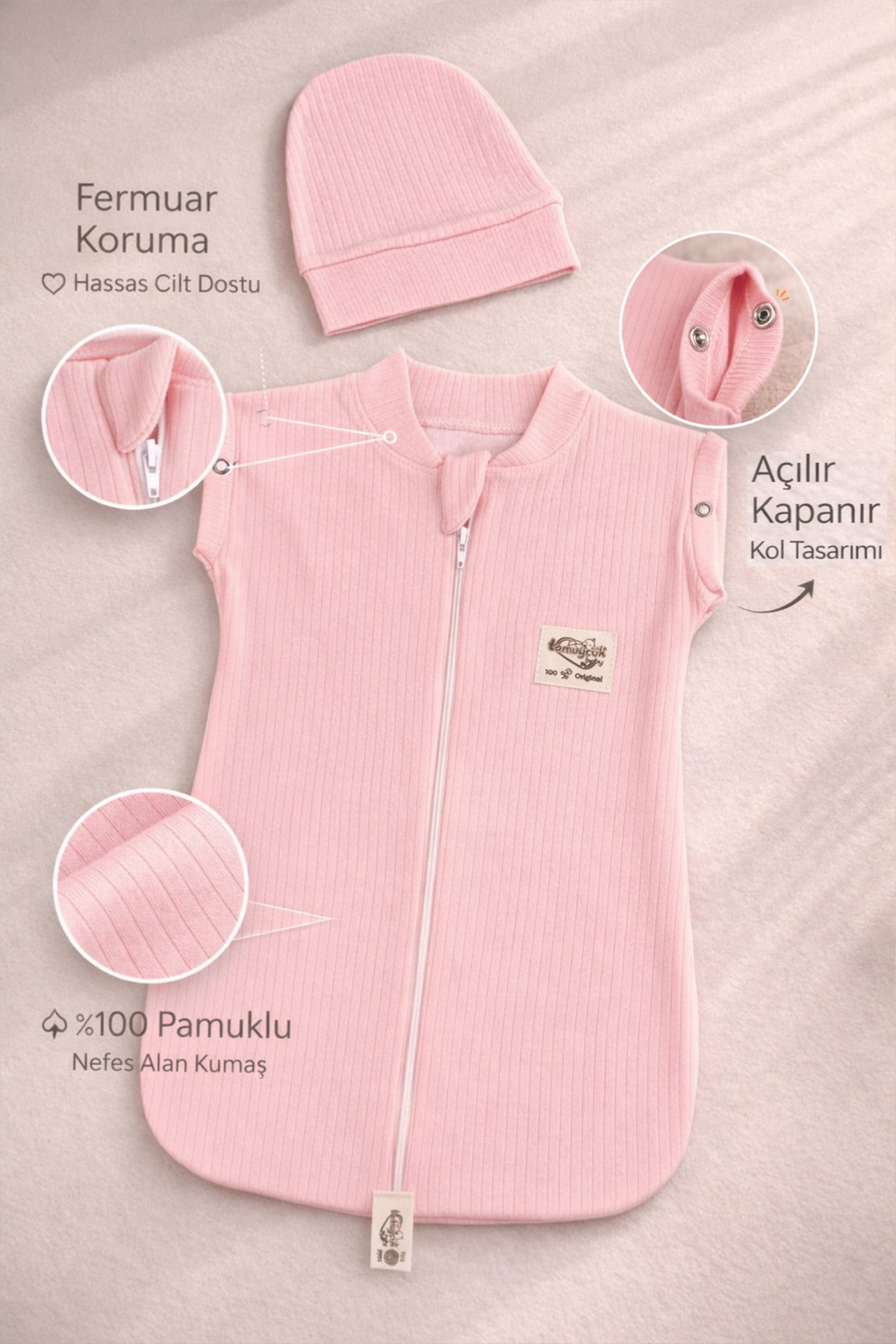 %100 Pamuklu Pembe Kız Bebek Uyku Tulumu 0-6 Ay Fermuarlı Çıtçıtlı Kol Mevsimlik Şapkalı Yenidoğan