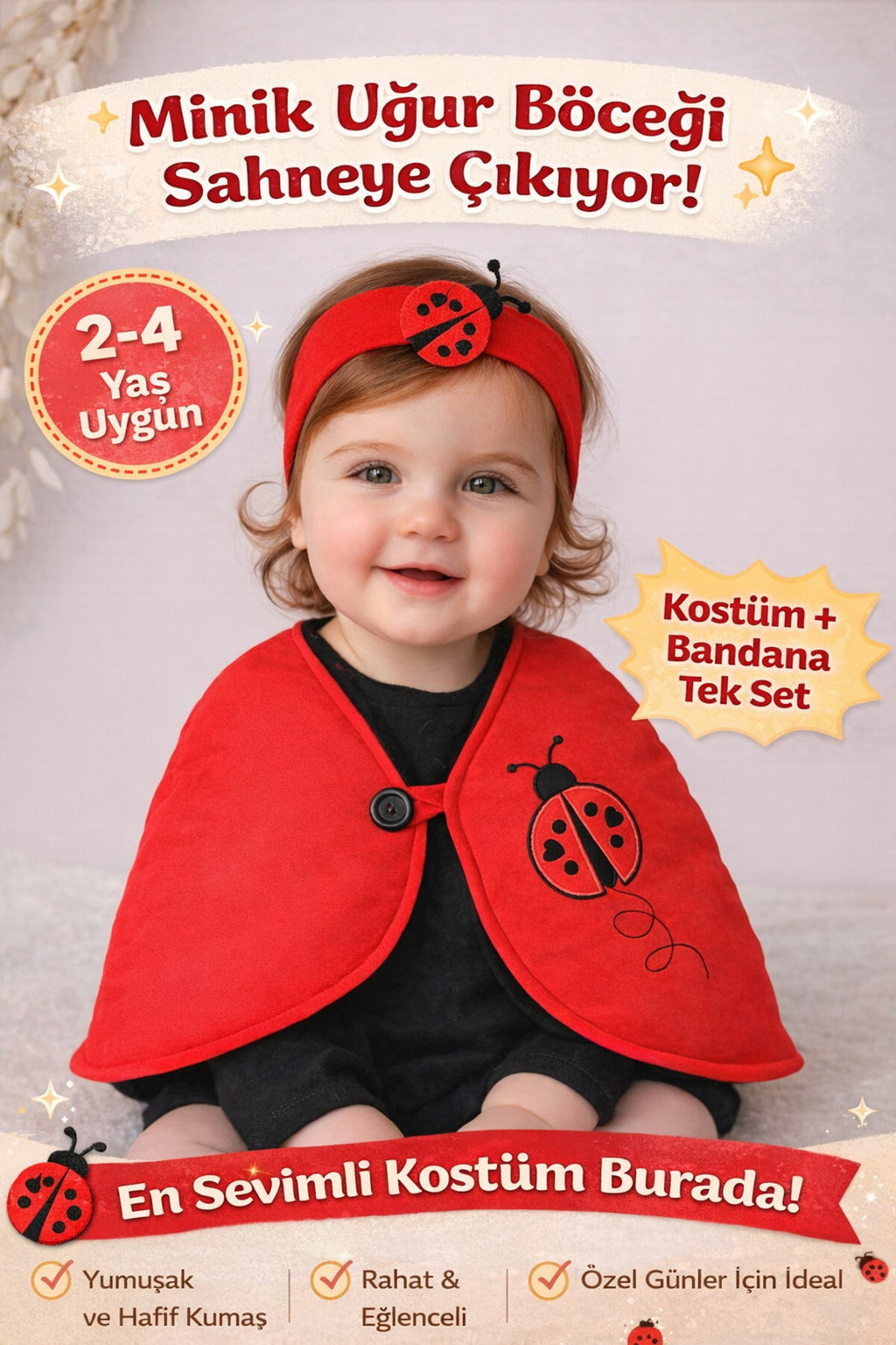 Kırmızı & Bandanalı Uğur Böceği Kostümü - Kız Çocuk Doğum Günü Kostümü Seti