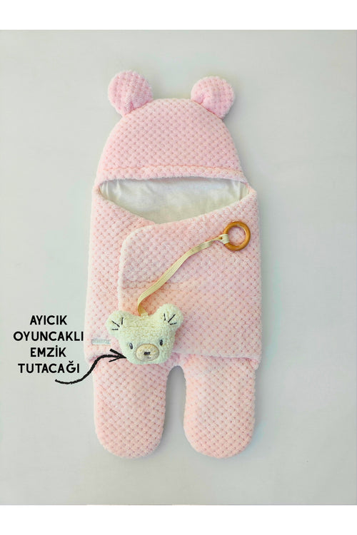 %100 Pamuklu Kışlık  Kız Bebek Kundağı I Ayıcık Kulaklı Uyku Tulumu