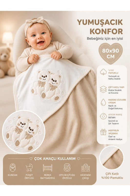 %100 Pamuklu & Mevsimlik Kız / Erkek Bebek Battaniyesi - Kahverengi & Ayıcık Nakışlı Bebek Örtüsü 80x90 Cm