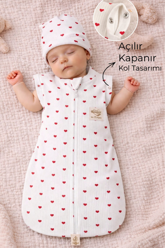 %100 Pamuklu Kalp Desenli Bebek Uyku Tulumu 0-6 Ay Fermuarlı Çıtçıtlı Mevsimlik Şapkalı Yenidoğan