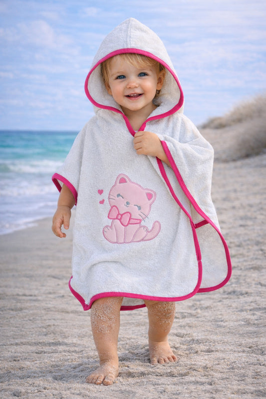 %100 Pamuklu & Başlıklı Pareo Bebek Bornozu - Yumuşak & Su Emici Bebek Havlusu - Kedi Nakışlı
