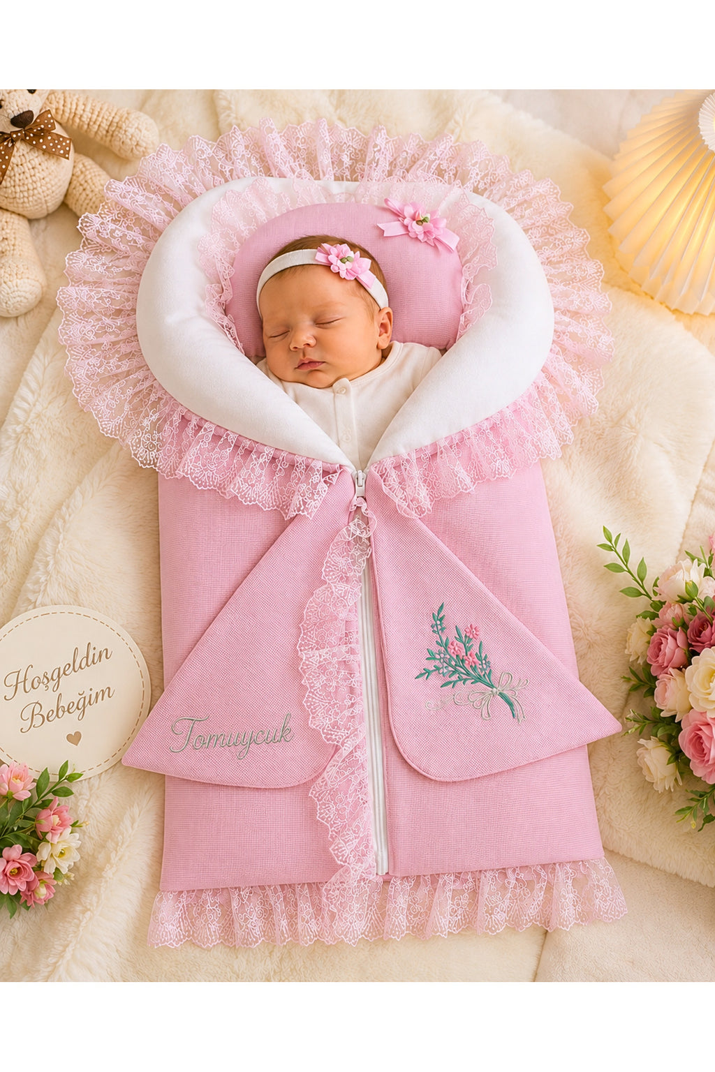 Kız Bebek Battaniyesi & Kundağı Dantelli Pembe /Yastıklı Fermuarlı Hediyelik Hastane Çıkışı