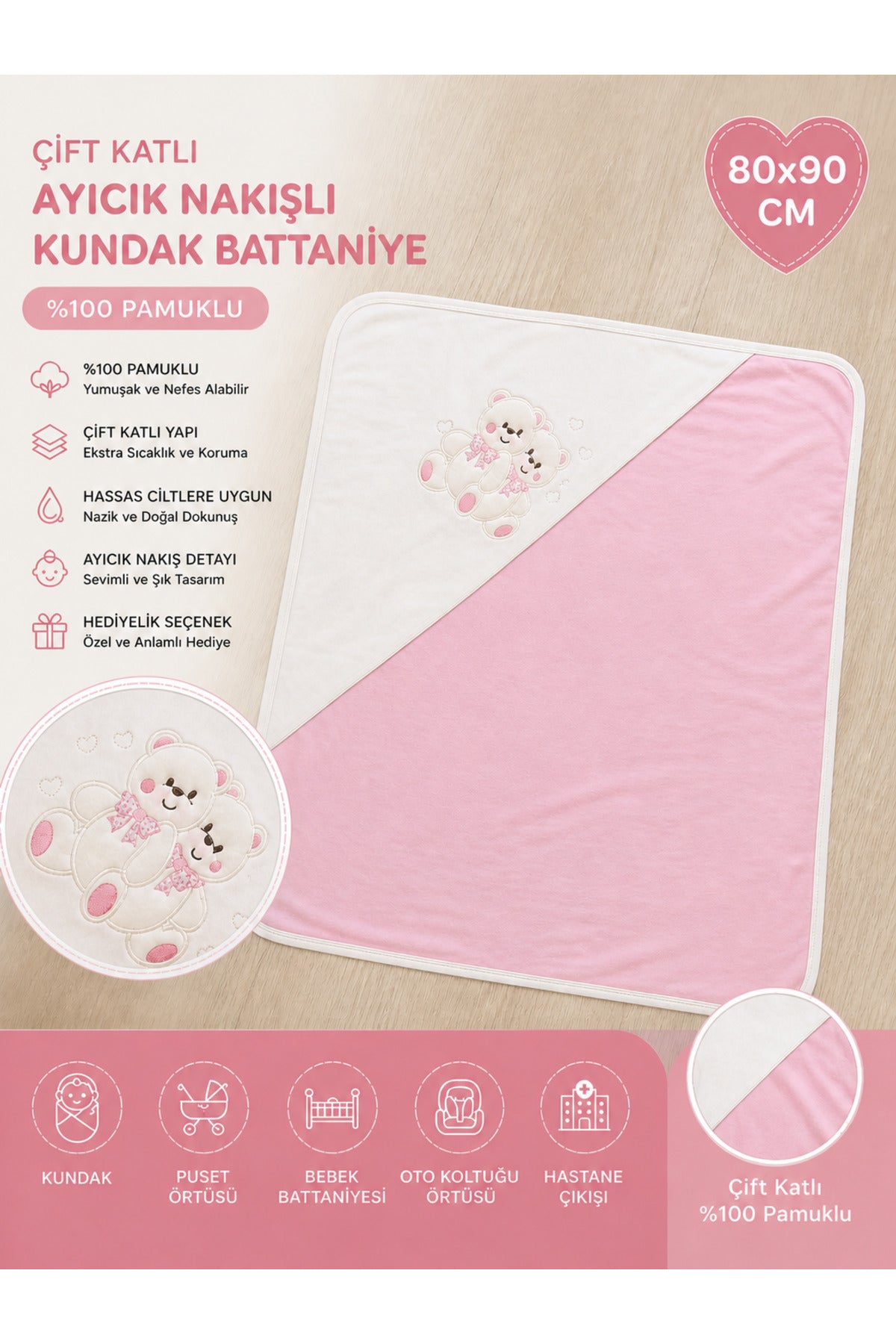 %100 Pamuklu & Mevsimlik Kız Bebek Battaniyesi - Pembe & Ayıcık Nakışlı Bebek Örtüsü 80x90 Cm