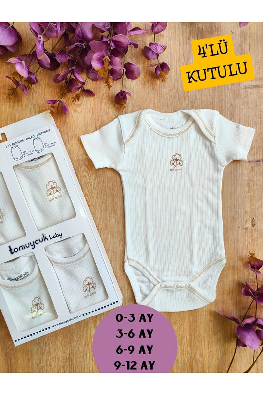 4'lü Kısa Kollu Bebek Body Ekru Fitilli Zıbın Çıtçıtlı Atlet % 100 Pamuklu Mevsimlik Hediyelik