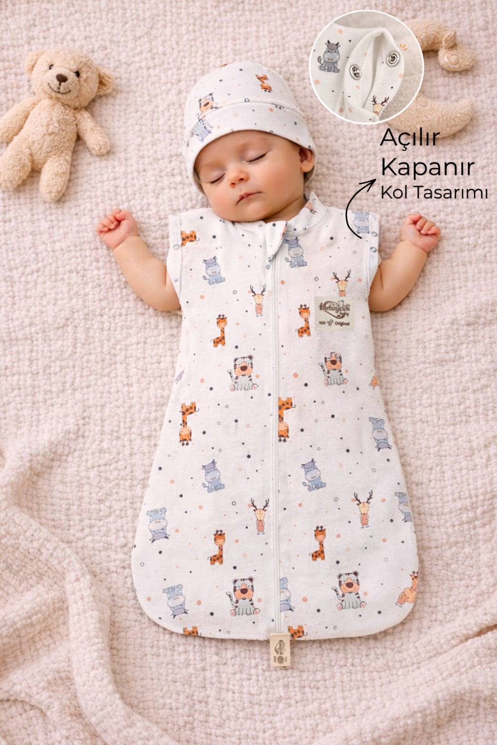 %100 Pamuklu Unisex Bebek Uyku Tulumu 0-6 Ay Fermuarlı Çıtçıtlı Kol Mevsimlik Şapkalı Yenidoğan