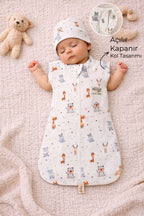 %100 Pamuklu Unisex Bebek Uyku Tulumu 0-6 Ay Fermuarlı Çıtçıtlı Kol Mevsimlik Şapkalı Yenidoğan