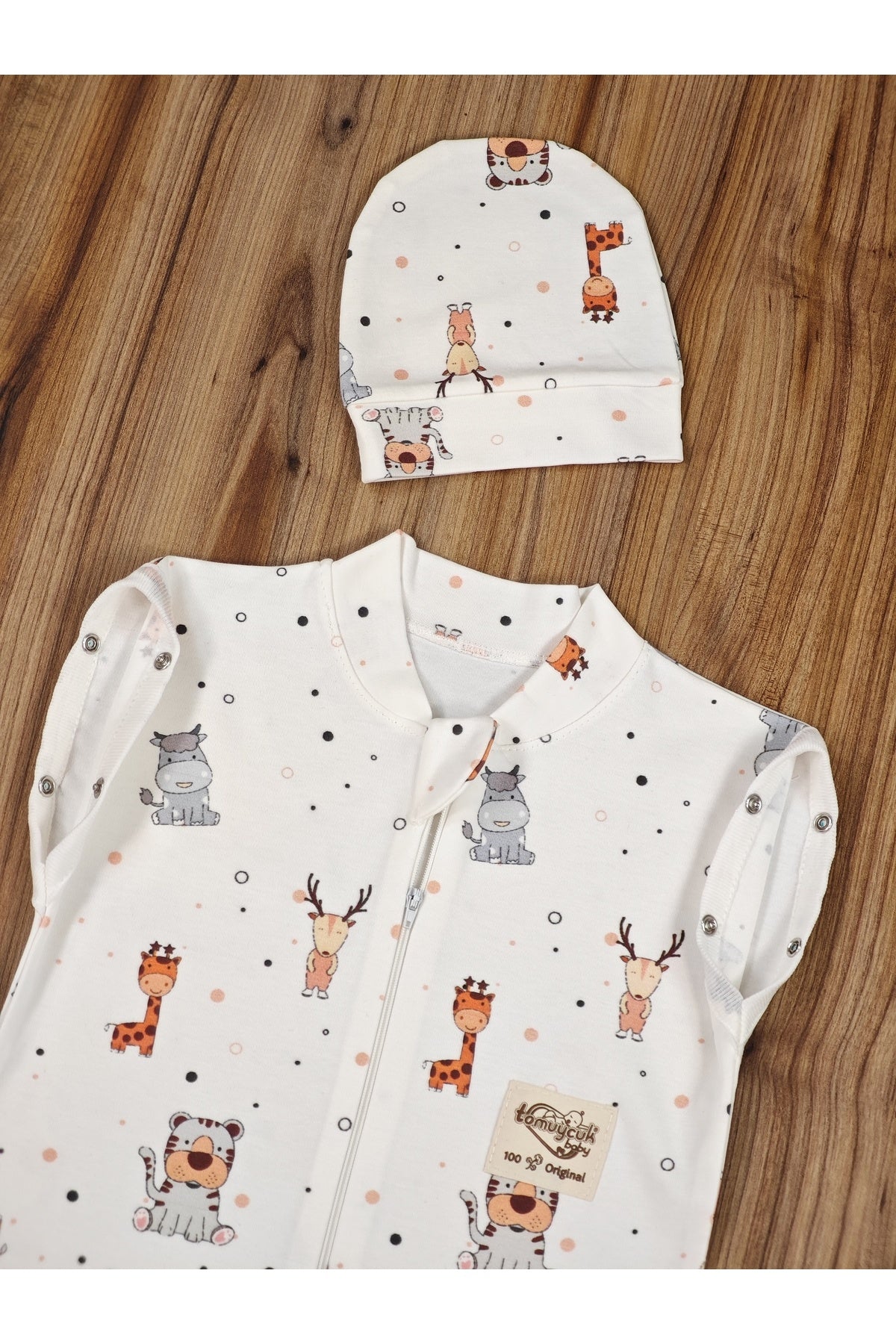 %100 Pamuklu Unisex Bebek Uyku Tulumu 0-6 Ay Fermuarlı Çıtçıtlı Kol Mevsimlik Şapkalı Yenidoğan