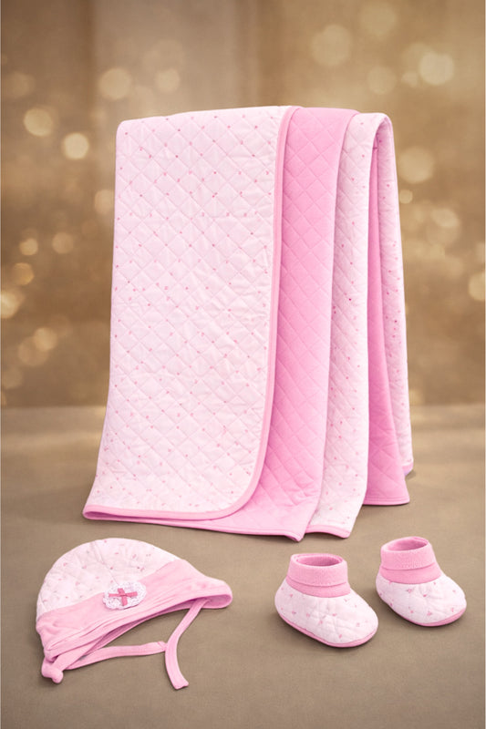 Şapka & Ayakkabılı Kapitone Bebek Battaniyesi - Pembe Puset & Bebek Arabası Örtüsü - %100 Pamuklu