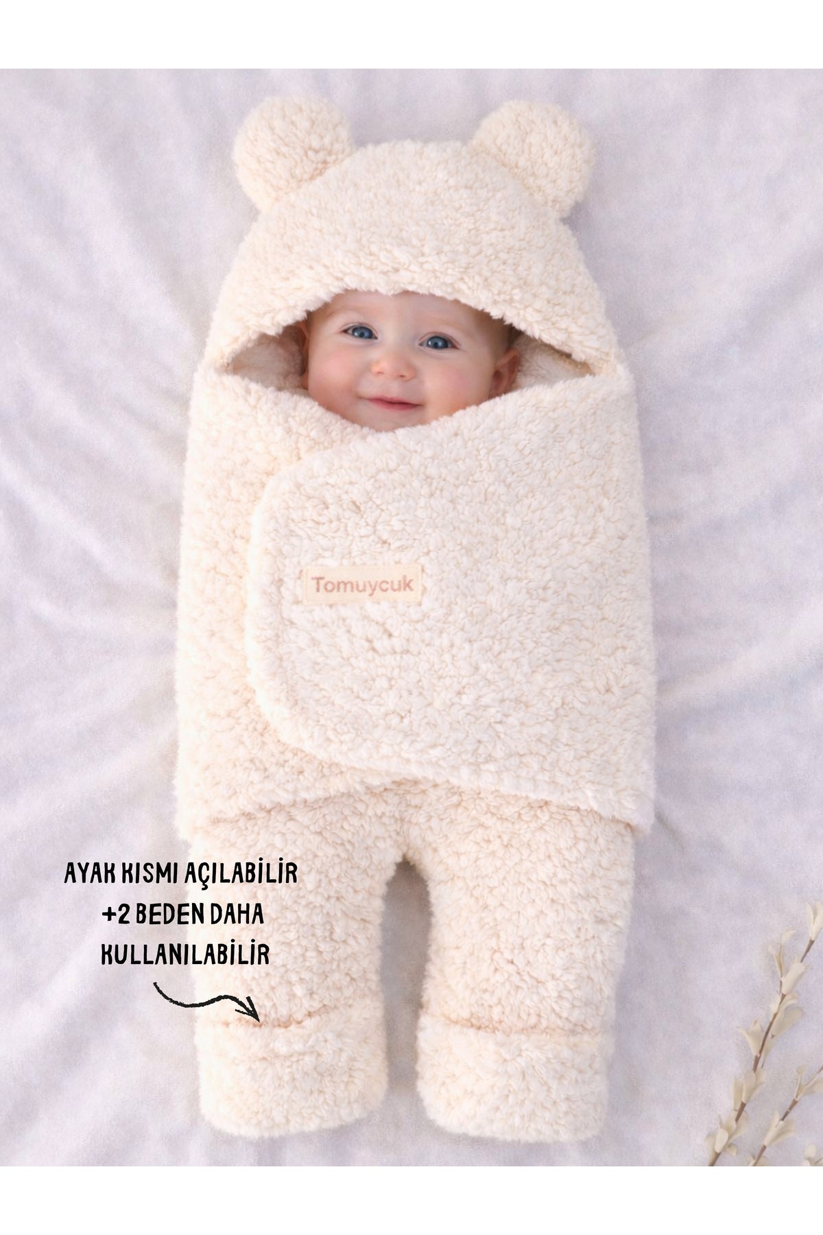 0-12 Ay İçi Elyaflı Peluş Welsoft Kulaklı Ekru Dış Bebek Kundak & Battaniyesi Kışlık Uyku Tulumu