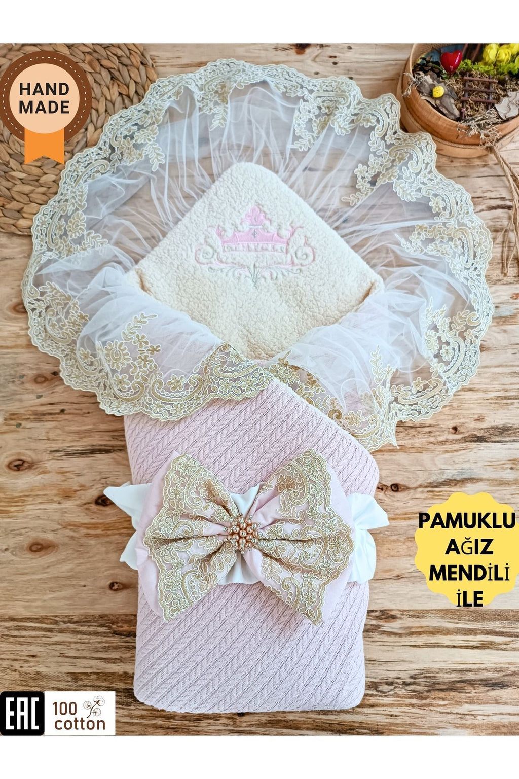 Triko Örgü Bebek Kundağı - Pamuklu & Dantelli Yenidoğan Bebek Battaniyesi Pudra