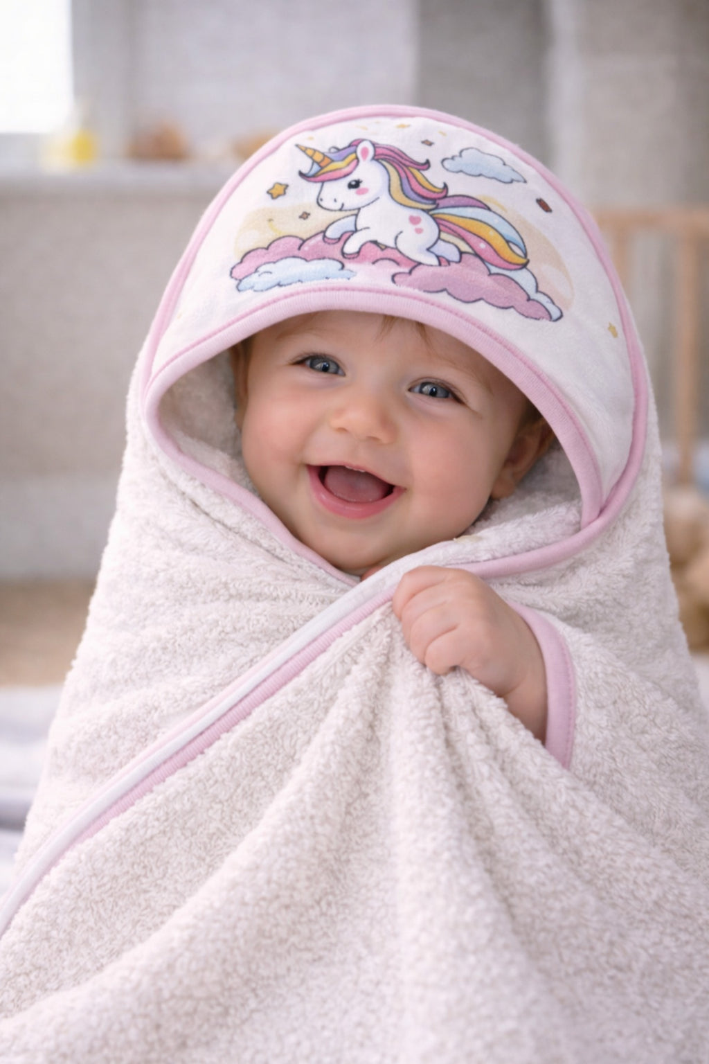 Unicorn Desenli Kapüşonlu Bebek Banyo Havlusu %100 Pamuklu Yenidoğan Kundak Havlu Kız Bebek