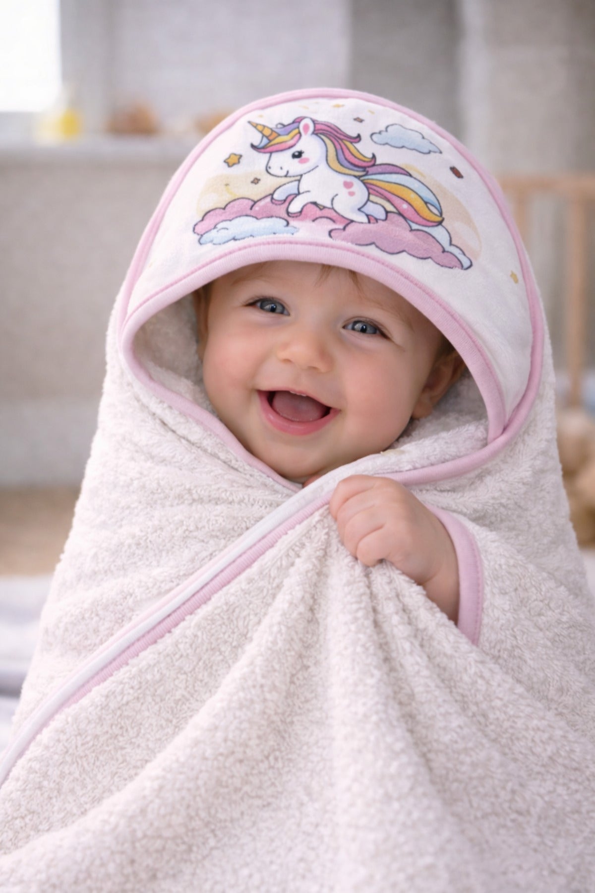 Unicorn Desenli Kapüşonlu Bebek Banyo Havlusu %100 Pamuklu Yenidoğan Kundak Havlu Kız Bebek