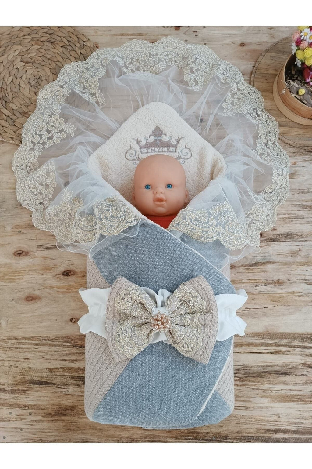 Bebek Battaniyesi Dış Kundak Triko Dantelli Bebek Kundağı Unisex Hastane Çıkışı Mevlütlük Hediyelik