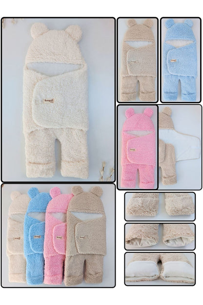 0-12 Ay İçi Elyaflı Peluş Welsoft Kulaklı Ekru Dış Bebek Kundak & Battaniyesi Kışlık Uyku Tulumu