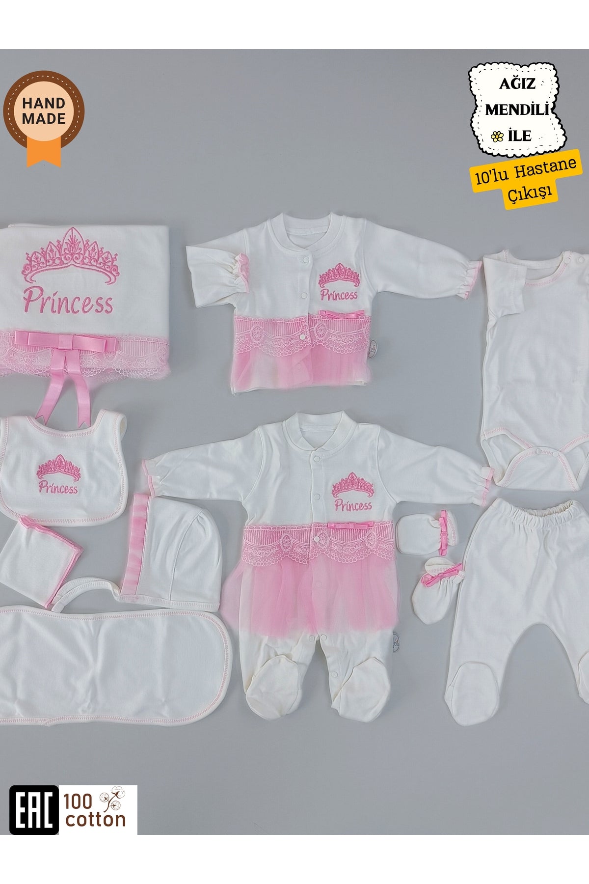 10’lu Kız Bebek Hastane Çıkışı Seti %100 Pamuklu Pembe Nakışlı