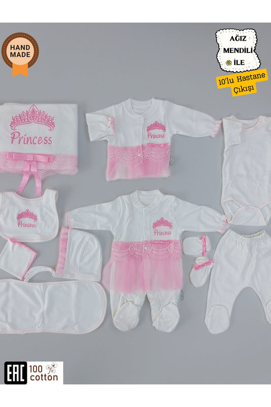 10’lu Kız Bebek Hastane Çıkışı Seti %100 Pamuklu Pembe Nakışlı