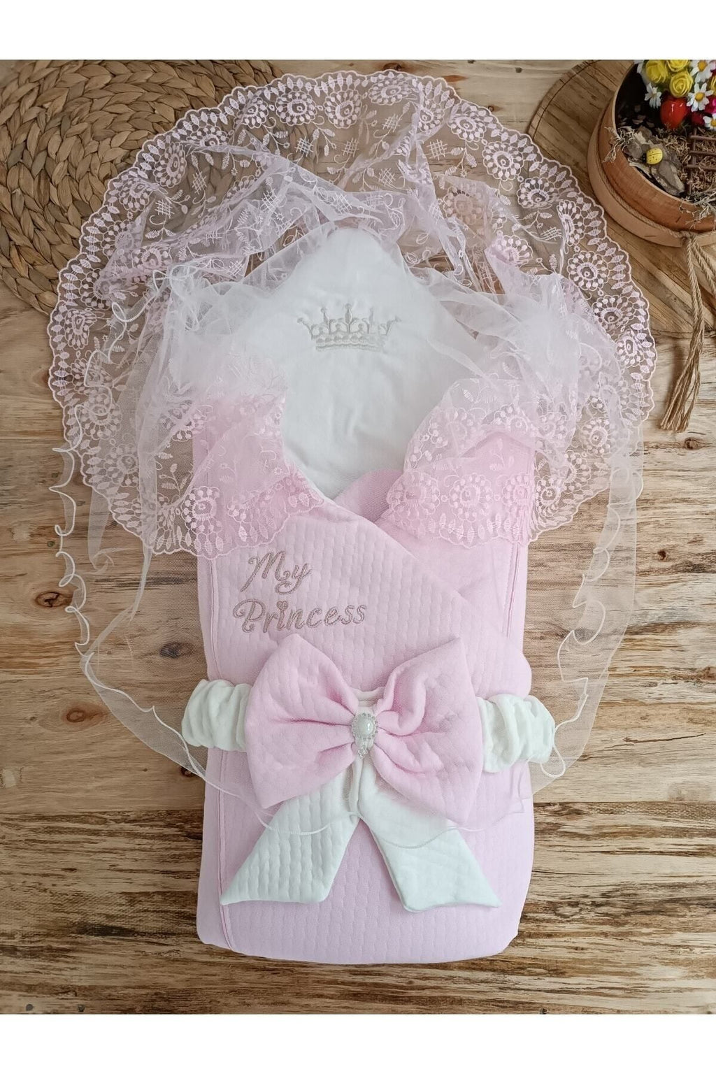 Pembe Kız Bebek Battaniyesi Dantelli Kundak Hastane Çıkışı Yenidoğan %100 Doğal Pamuktan Hediyelik