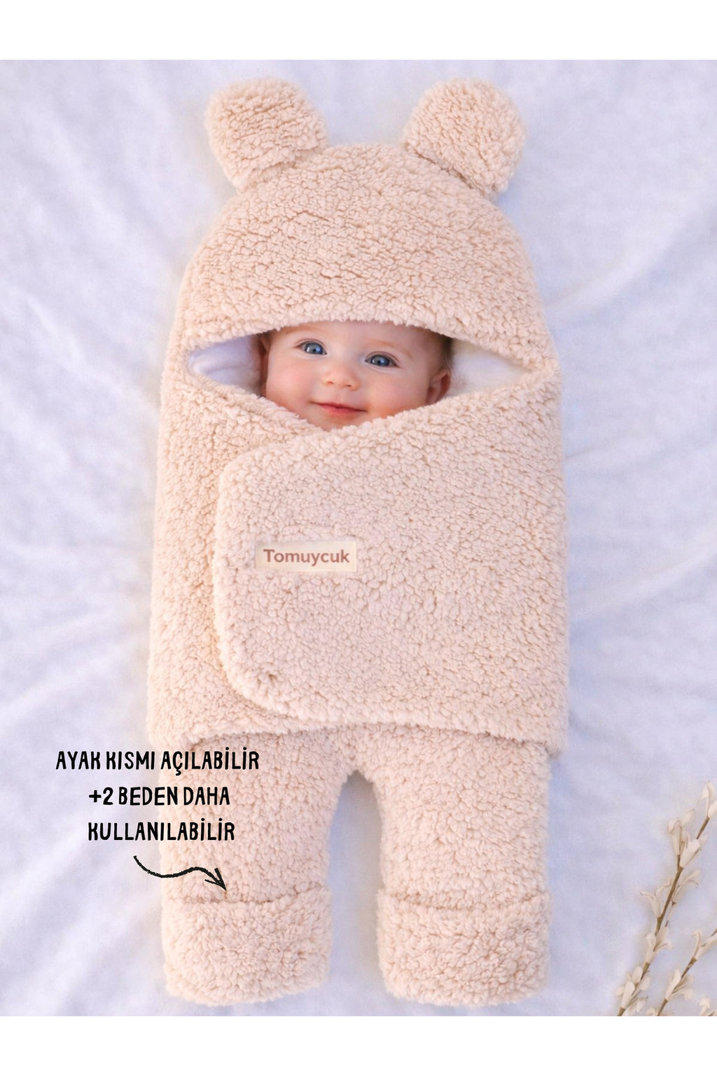 0-12 Ay İçi Elyaflı Peluş Welsoft Kulaklı Vizon Dış Bebek Kundak & Battaniyesi Kışlık Uyku Tulumu
