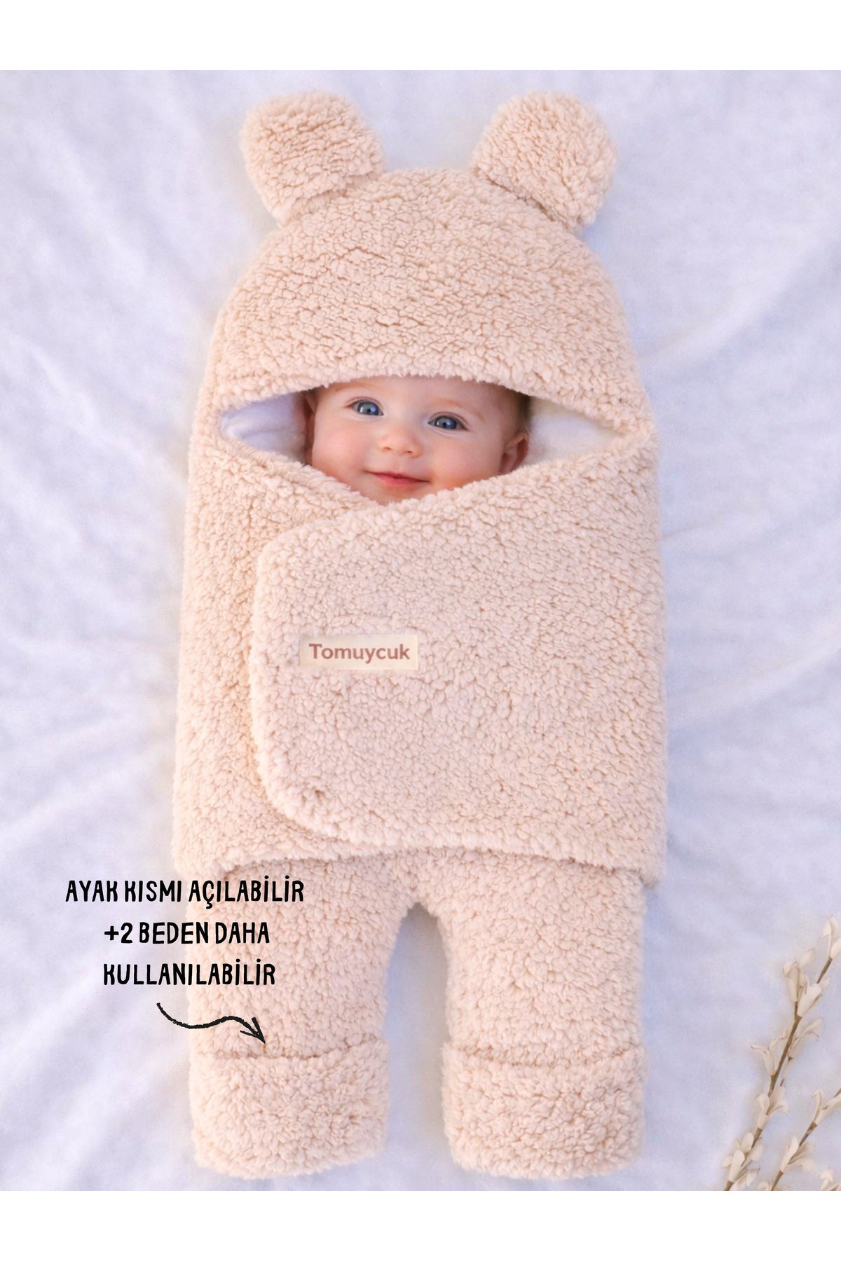 0-12 Ay İçi Elyaflı Peluş Welsoft Kulaklı Vizon Dış Bebek Kundak & Battaniyesi Kışlık Uyku Tulumu