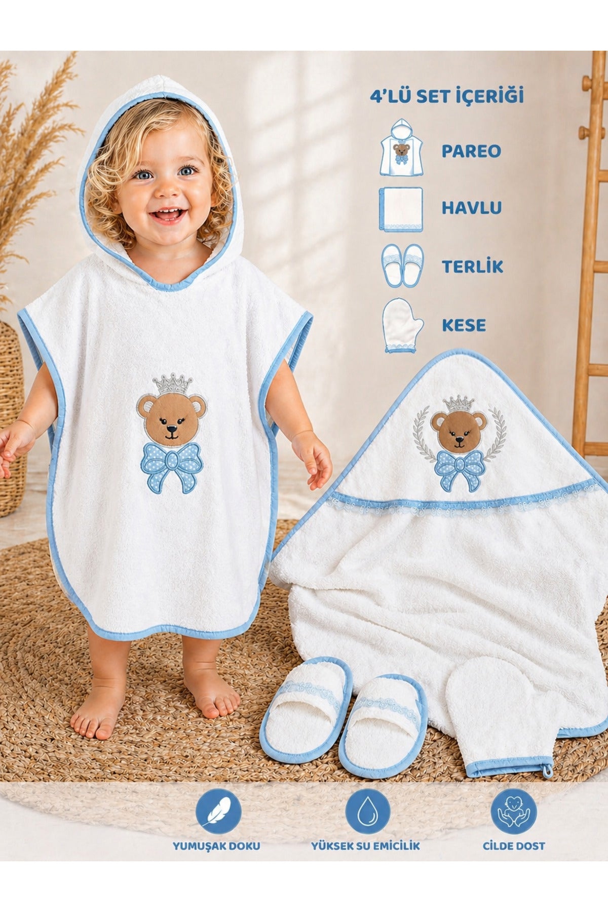 %100 Pamuklu Başlıklı Bebek Banyo Havlu Seti - Yumuşak & Ayıcık Nakışlı Pareo Havlu - 4 Parça