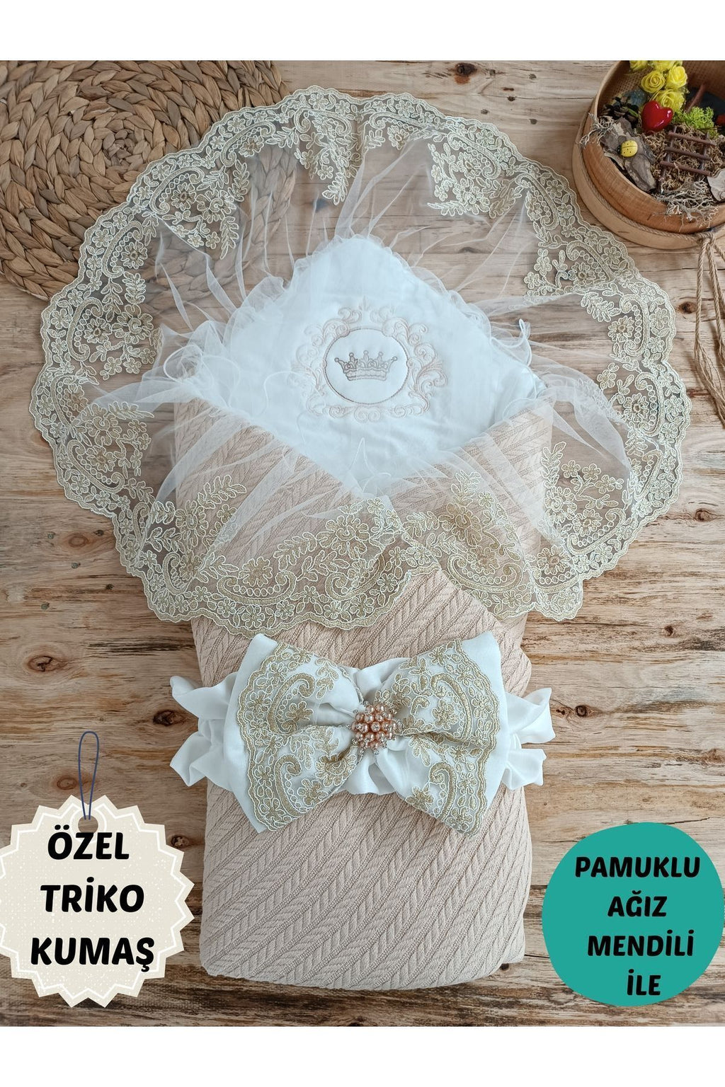 S.kahve Triko Örgü Unisex Bebek Batttaniyesi Kundağı Dantelli Yenidoğan Hastane Çıkışı Hediyelik