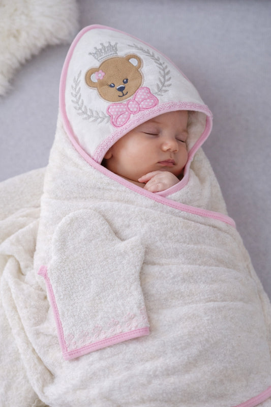 %100 Pamuklu & Başlıklı Kız Bebek Banyo Havlusu - Ayıcık Nakışlı & Yumuşak Bebek Havlusu