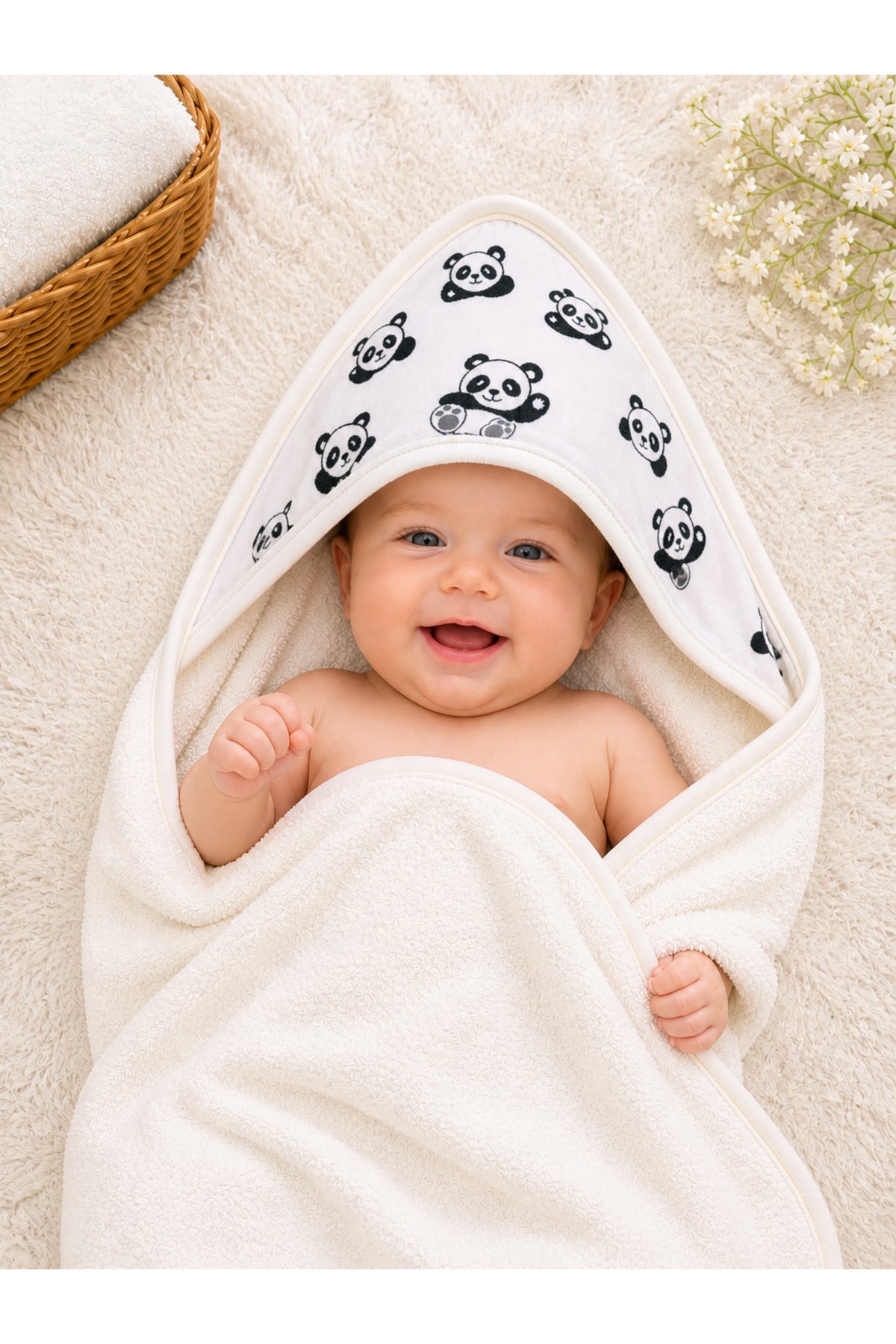 Panda Desenli Başlıklı Bebek Havlusu %100 Pamuk Yenidoğan & 0-2 Yaş Kapüşonlu Bebek Banyo Havlusu