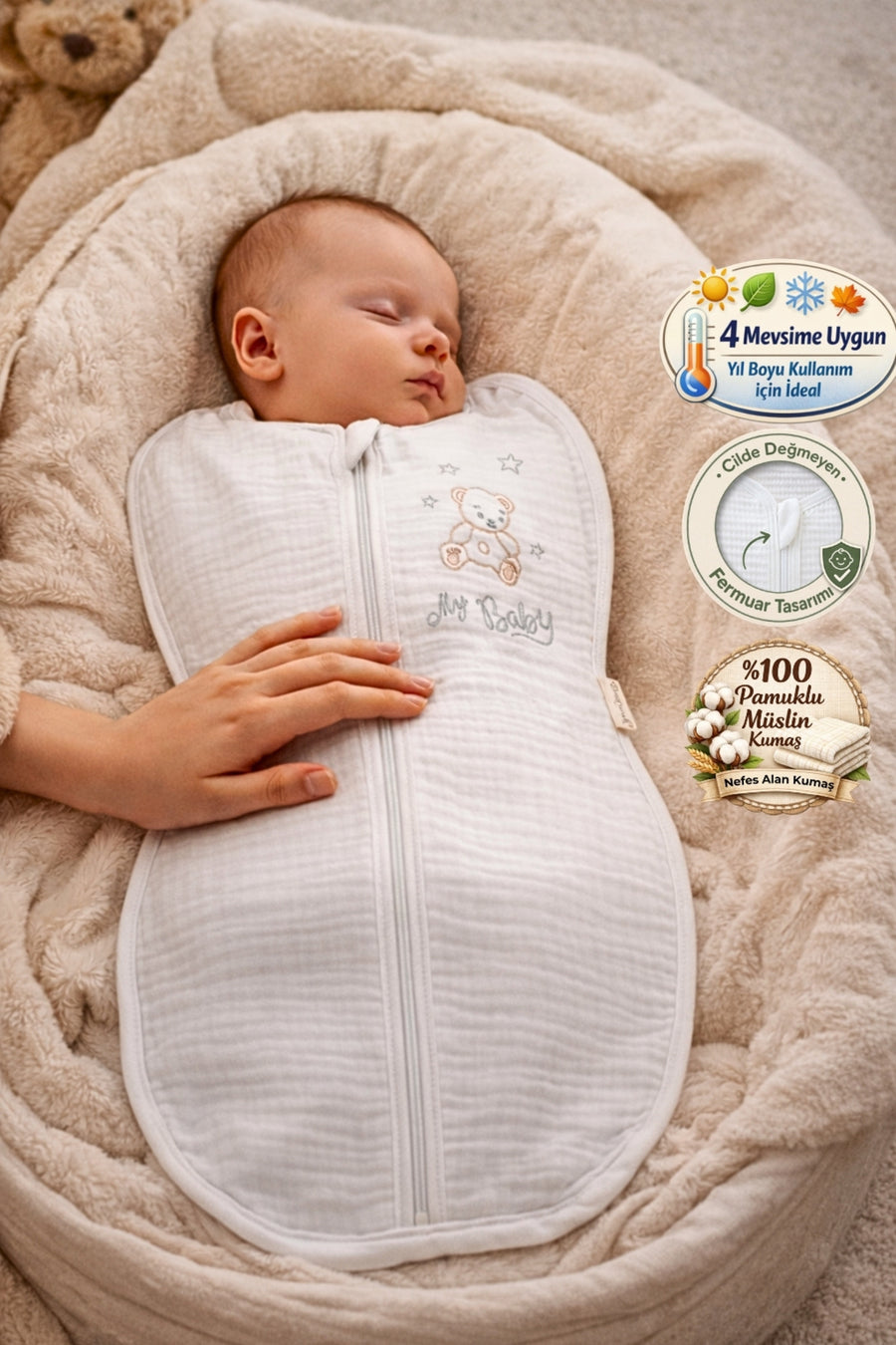 %100 Pamuklu Müslin Kız /Erkek Bebek Uyku Tulumu Kundağı Yenidoğan Mevsimlik Nakışlı Hediyelik 60xcm