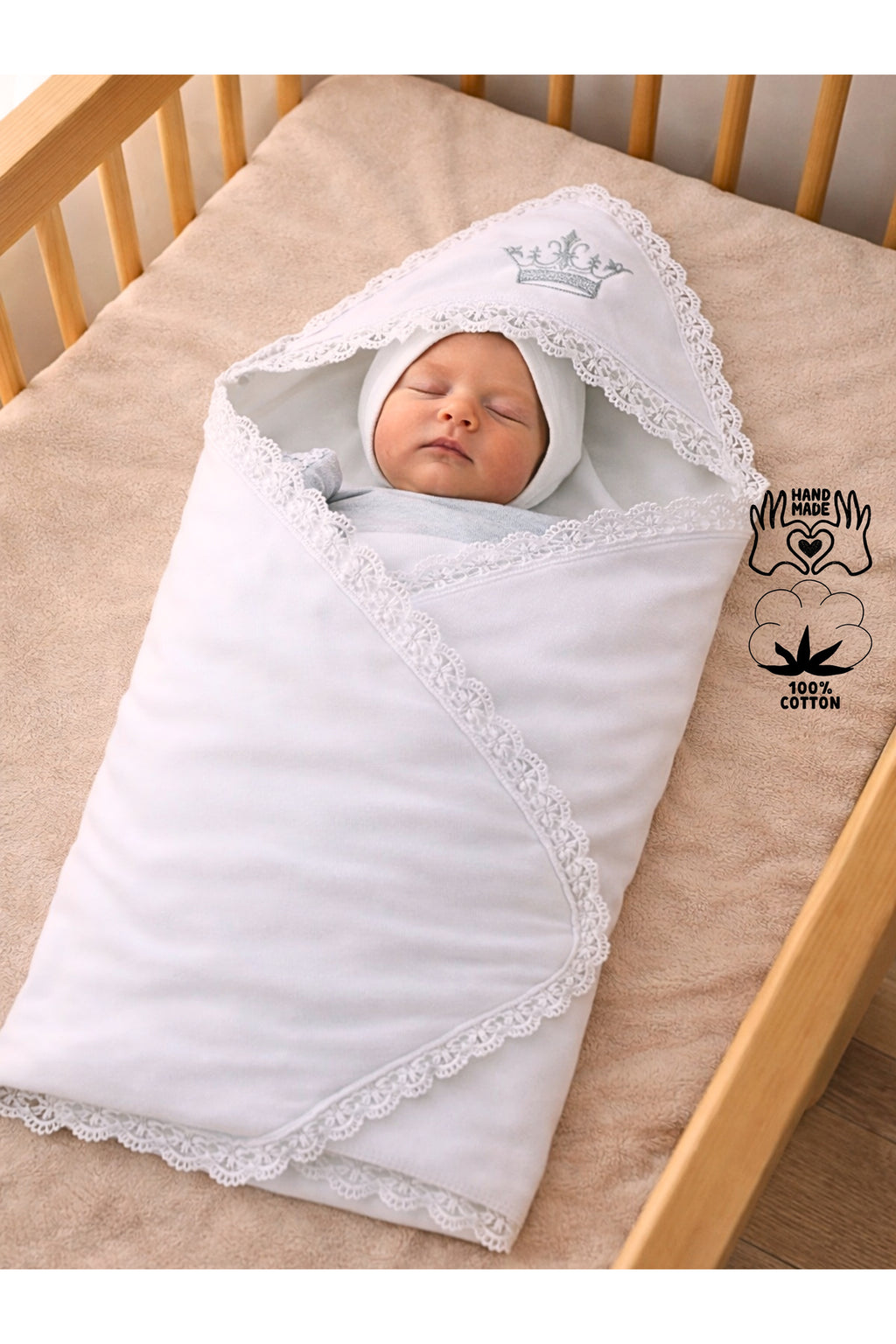Ekru %100 Pamuklu Erkek Bebek Battaniyesi Nakışlı Dantelli Puset Örtüsü Hediyelik Yenidoğan 85x85cm