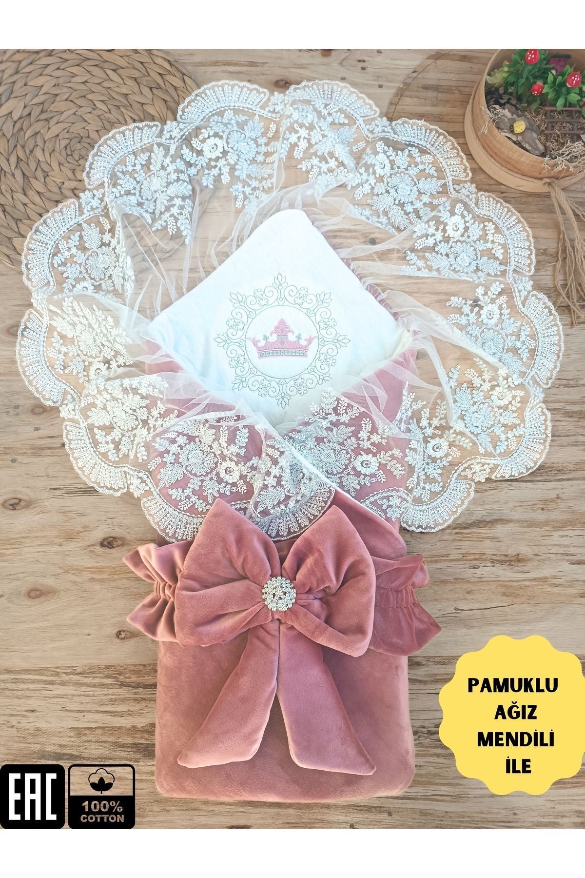 Kadife Kız Bebek Battaniyesi Dantelli Kundak Hastane Çıkışı Yenidoğan %100 Doğal Pamuktan Hediyelik