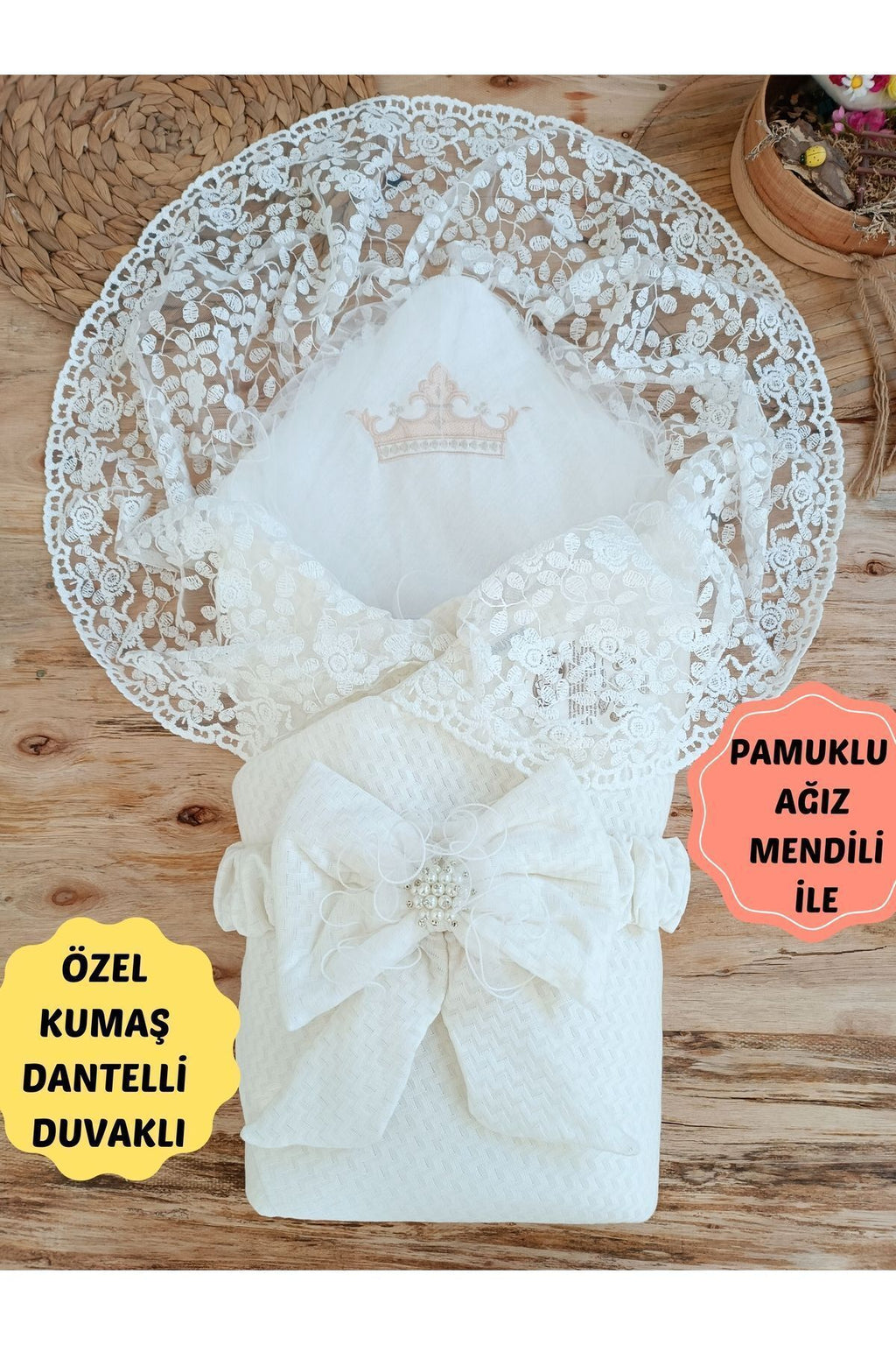 Ekru Dantelli Kız Erkek Bebek Battaniyesi Kundağı Hediyelik Mevlütlük Hastane Çıkışı Yenidoğan