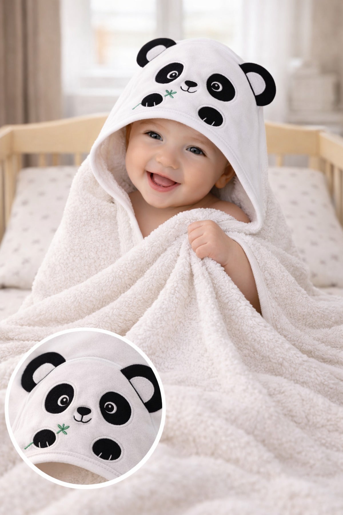 %100 Pamuklu & Başlıklı Bebek Banyo Havlusu - Panda Nakışlı & Havlu- Yumuşak & Su Emici
