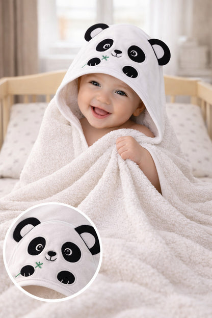 %100 Pamuklu & Başlıklı Bebek Banyo Havlusu - Panda Nakışlı & Havlu- Yumuşak & Su Emici