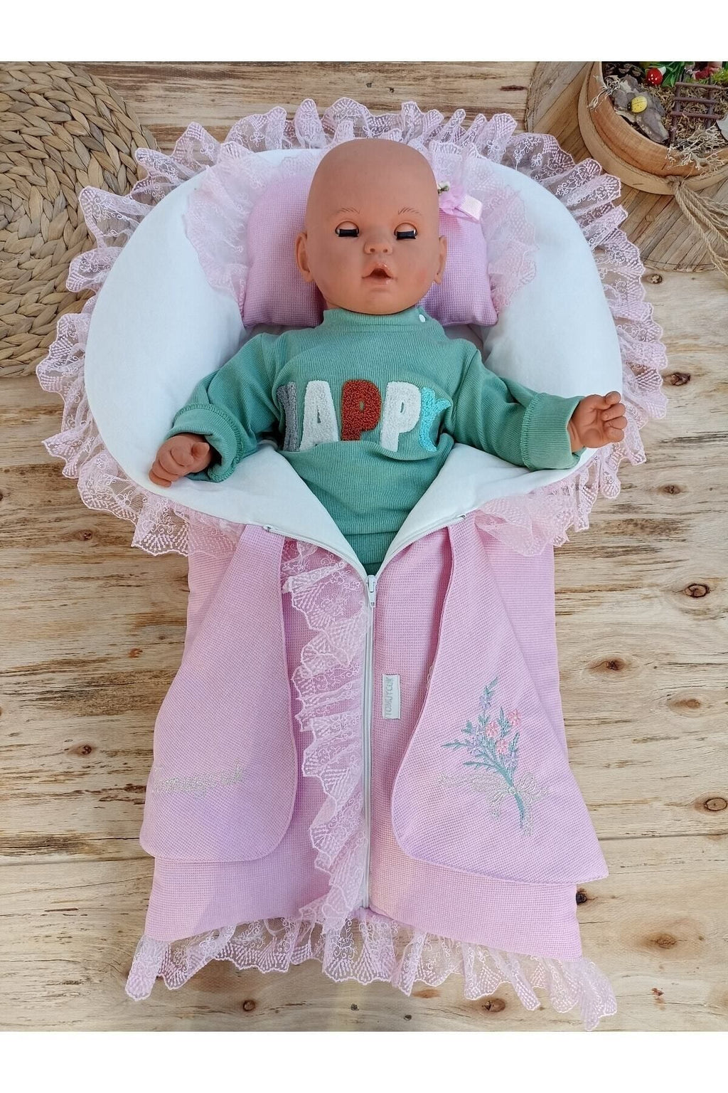 Kız Bebek Battaniyesi & Kundağı Dantelli Pembe /Yastıklı Fermuarlı Hediyelik Hastane Çıkışı