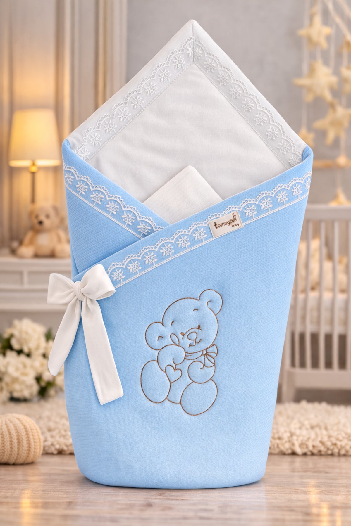 Ayıcık Nakışlı %100 Pamuklu 85x85cm Bebek Battaniyesi | Kız Erkek Mevsimlik Uyku Kundağı