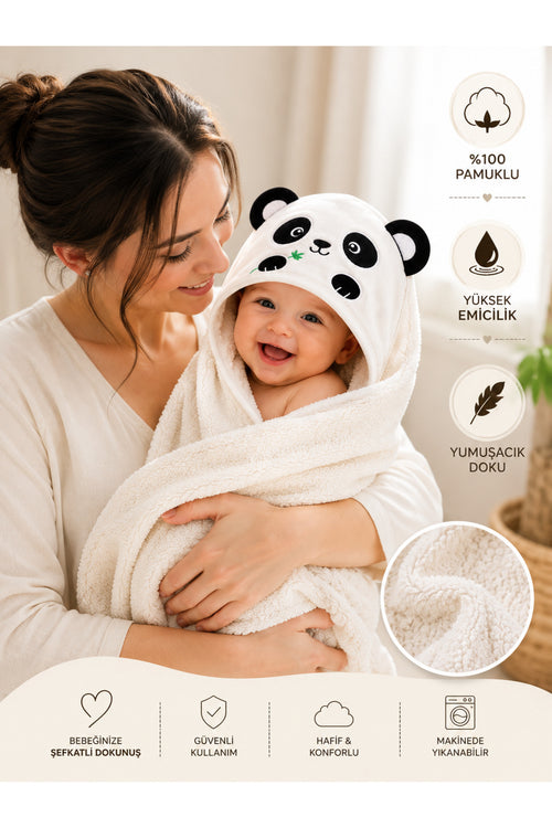 %100 Pamuklu & Başlıklı Bebek Banyo Havlusu - Panda Nakışlı & Havlu- Yumuşak & Su Emici