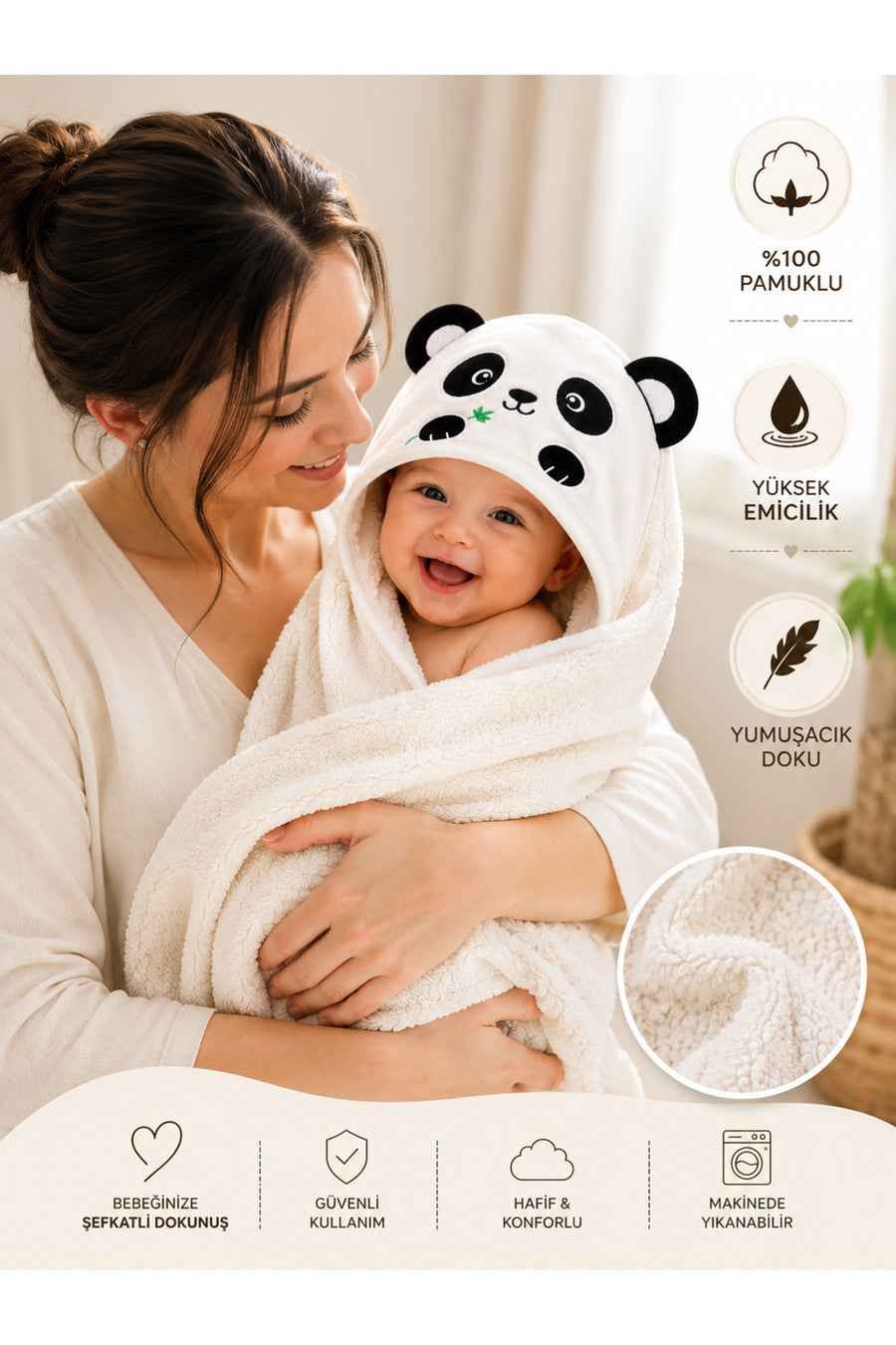 %100 Pamuklu & Başlıklı Bebek Banyo Havlusu - Panda Nakışlı & Havlu- Yumuşak & Su Emici