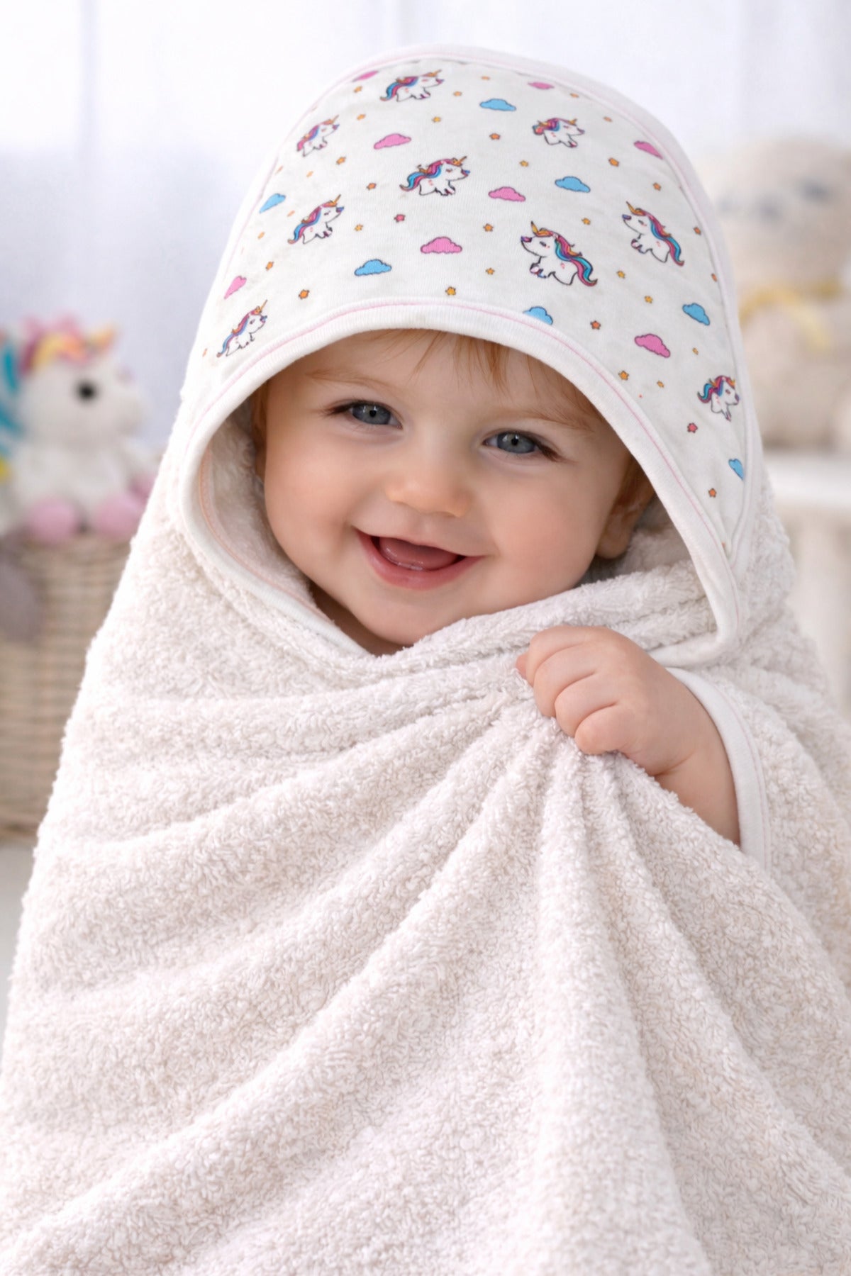Unicorn Desenli %100 Pamuklu Başlıklı Kız Bebek Banyo Havlusu Yumuşak & Su Emici Havlu