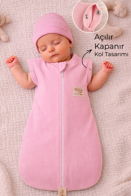 %100 Pamuklu Pembe Kız Bebek Uyku Tulumu 0-6 Ay Fermuarlı Çıtçıtlı Kol Mevsimlik Şapkalı Yenidoğan