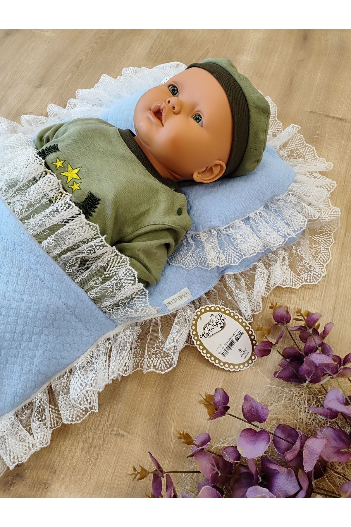 Yastıklı Dantelli Erkek Bebek Alt Açma Minderi Seti Mevlütlük Hediyelik