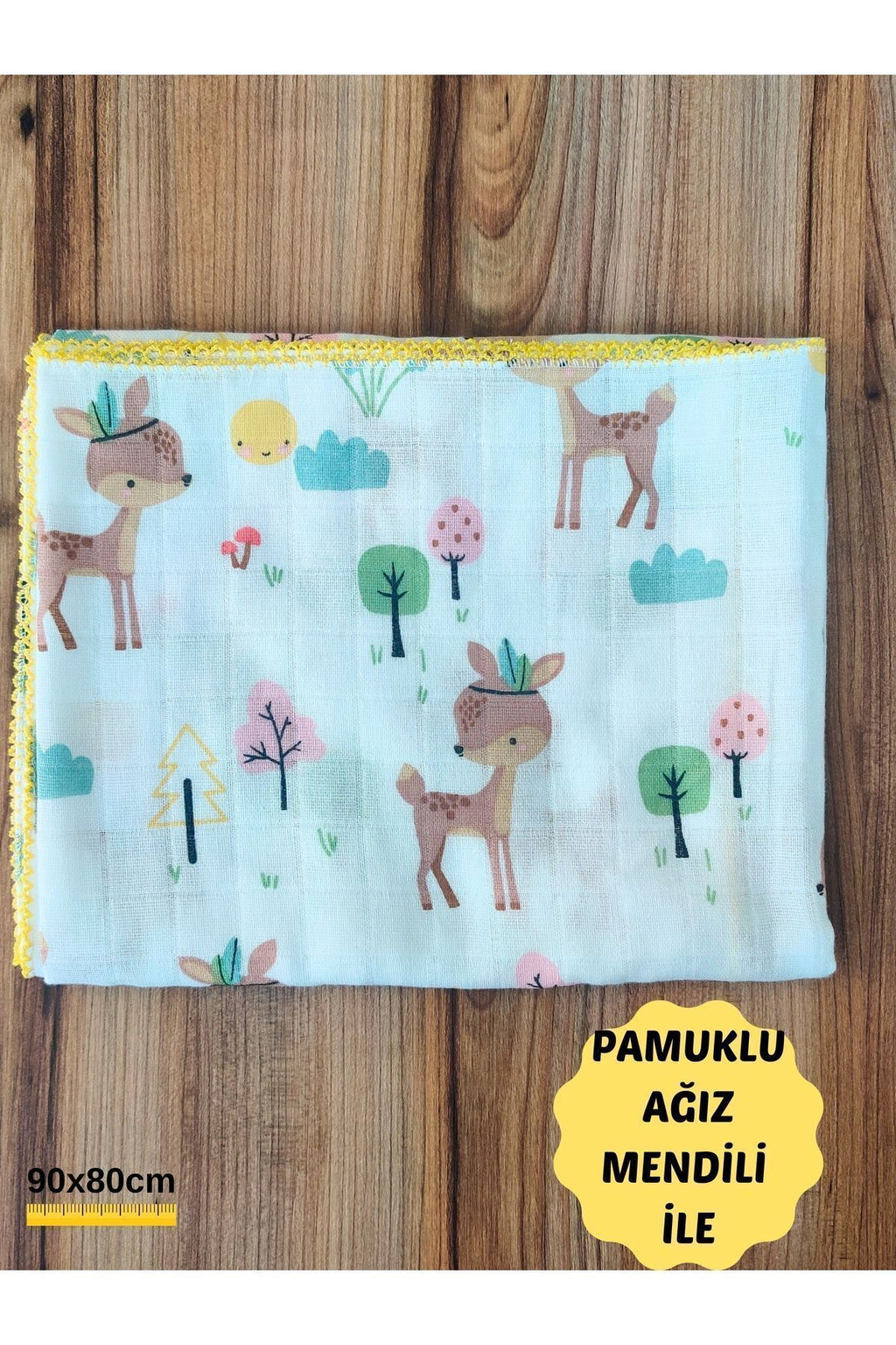 Sarı Müslin Kız Erkek Bebek Battaniyesi Oeko-texli %100 Pamuklu Desenli Örtü Yenidoğan 90x80cm