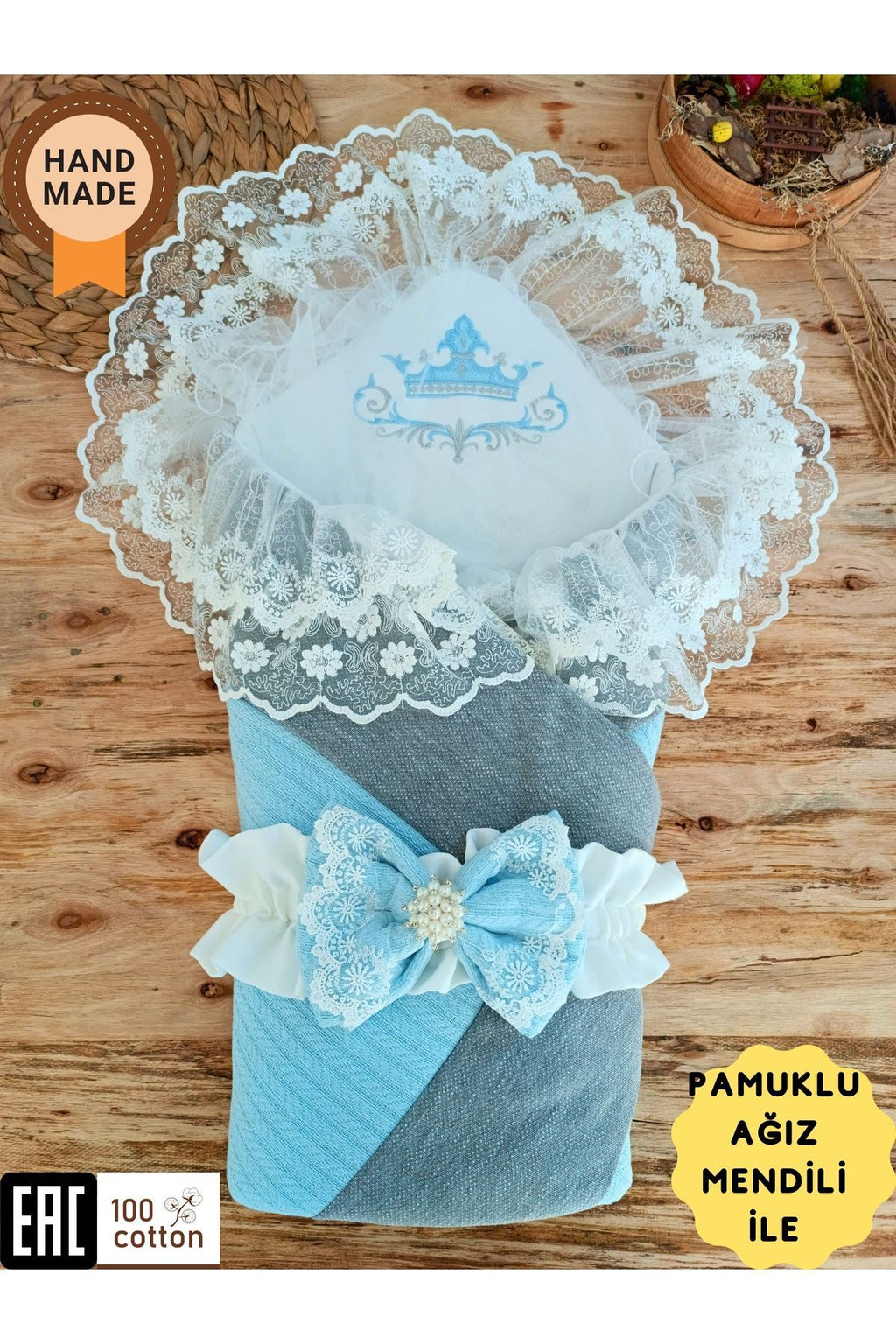 Mavi Triko Örgü Erkek Bebek Battaniyesi Kundak Kalın Şık Dantelli Yenidoğan Hastane Çıkışı Hediyelik
