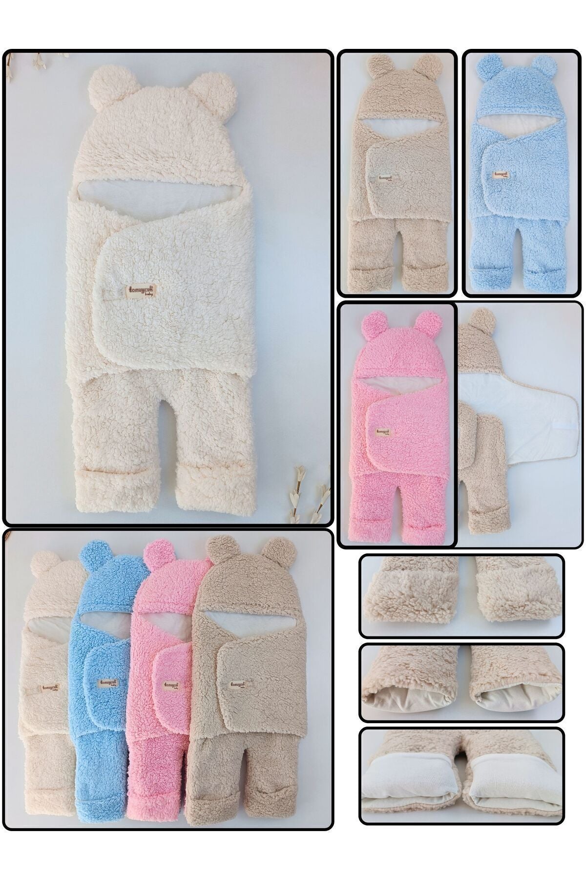 0-12 Ay İçi Elyaflı Peluş Welsoft Kulaklı Pembe Dış Bebek Kundak & Battaniyesi Kışlık Uyku Tulumu