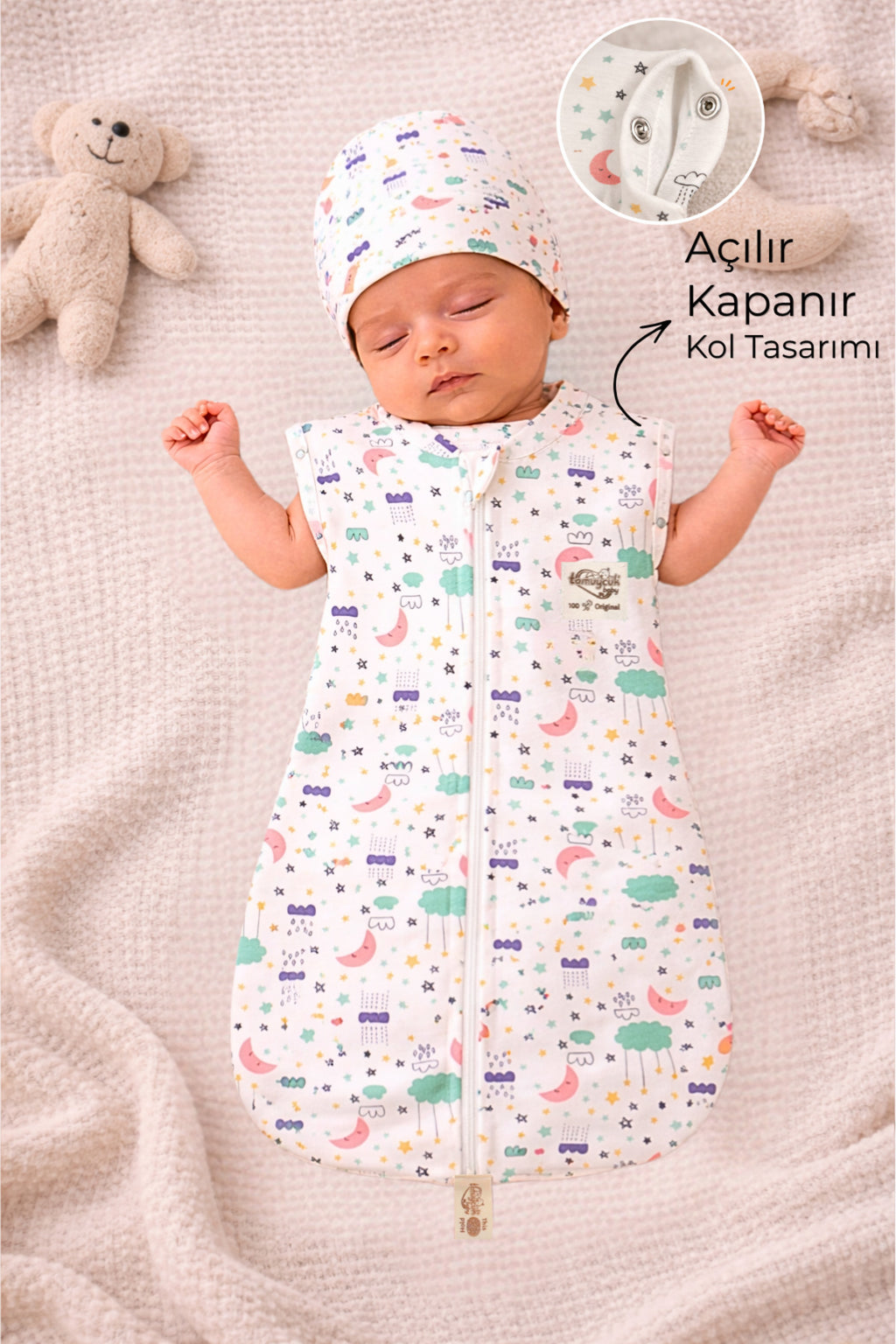 %100 Pamuklu Unisex Uyku Tulumu 0-6 Ay | Fermuarlı Şapkalı
