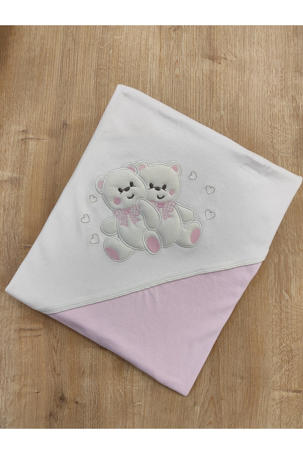 %100 Pamuklu & Mevsimlik Kız Bebek Battaniyesi - Pembe & Ayıcık Nakışlı Bebek Örtüsü 80x90 Cm