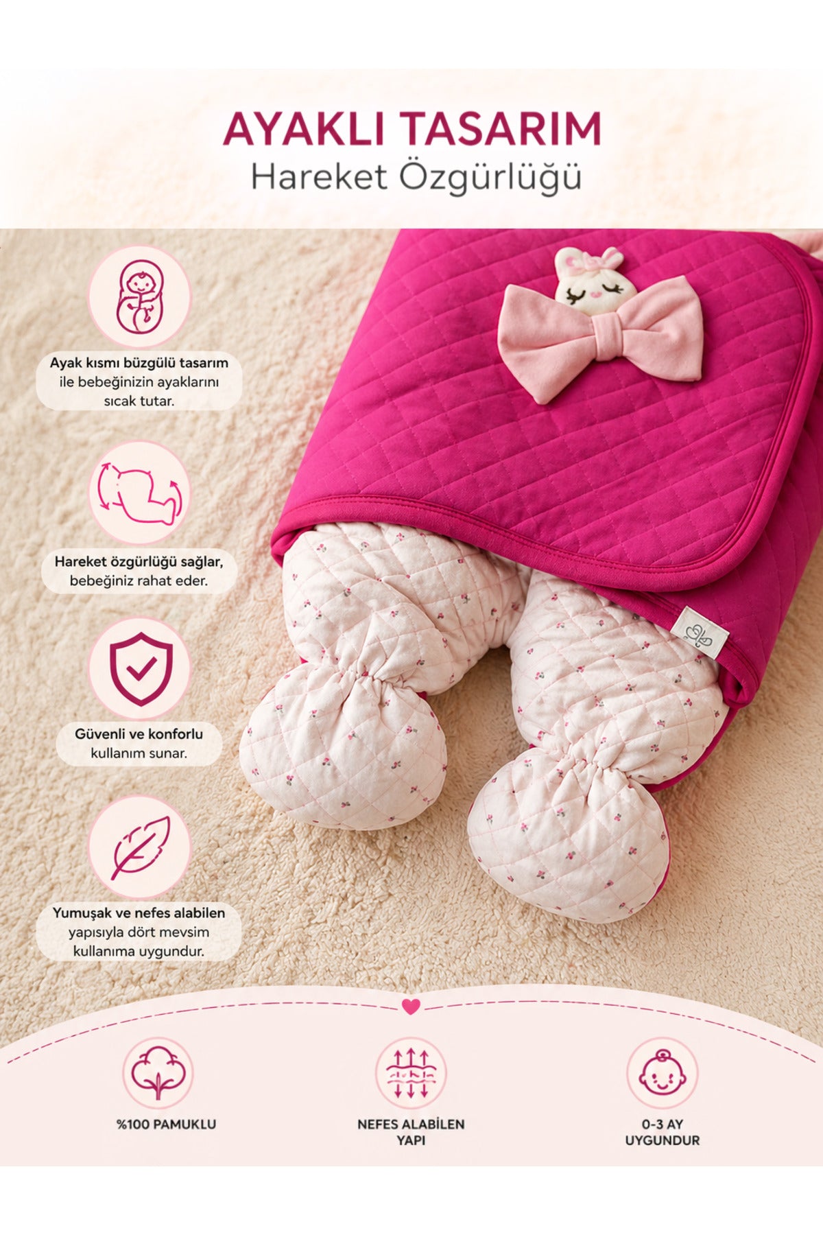 Pembe Kız Bebek Battaniyesi & Dış Kundak - %100 Pamuk Yenidoğan Ayaklı Uyku Tulumu